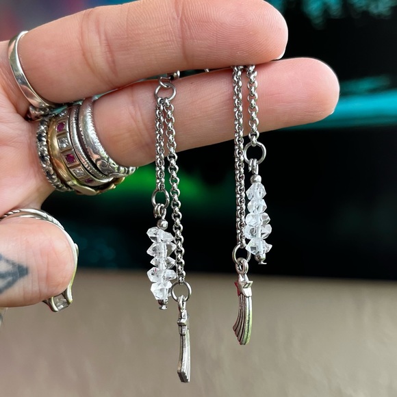 Herkimer diamonds crystal star charm earrings stainless steel post & chains boho - Picture 5 of 8